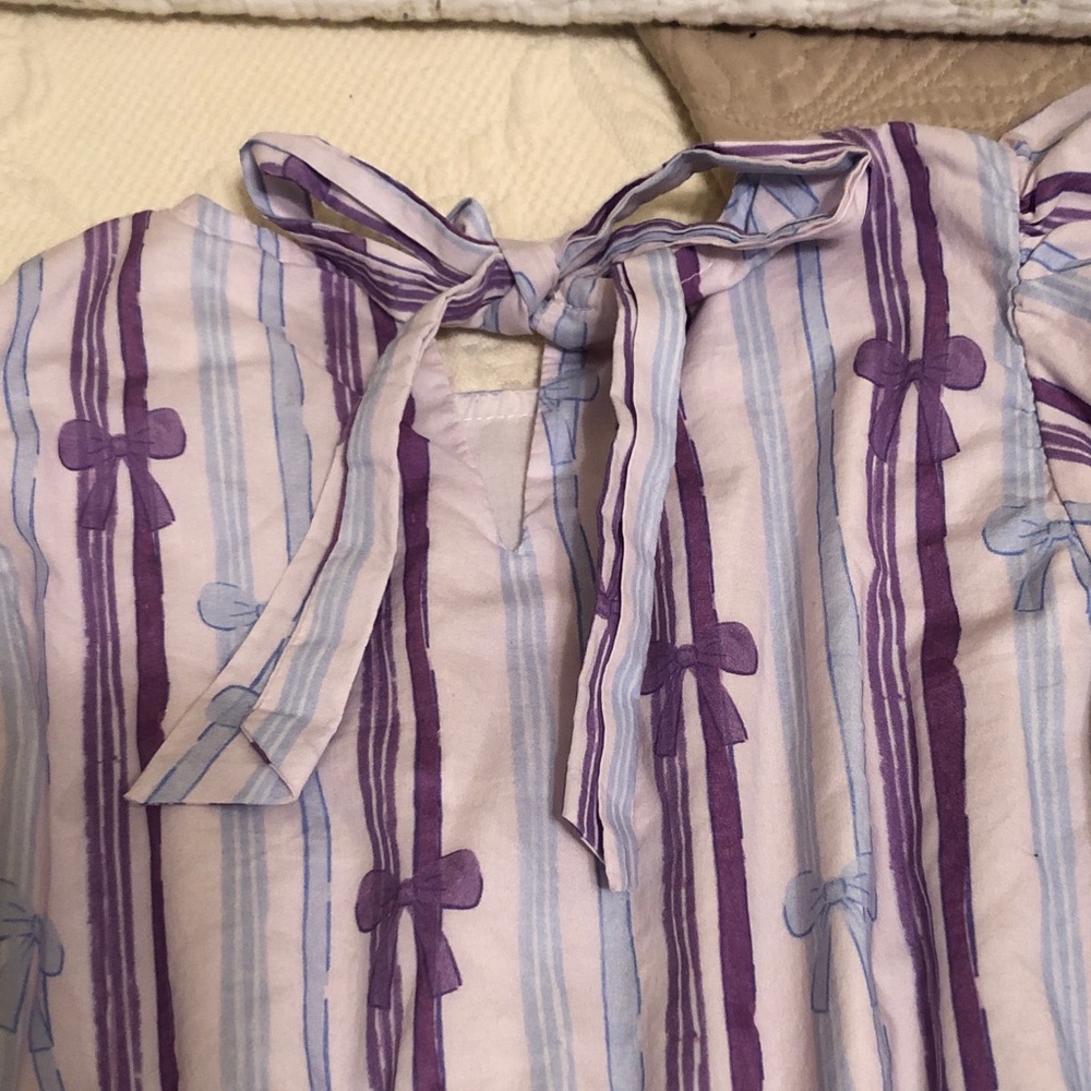 Girls Tiered Casual Dress with Purple and Light Blue Bow Stripes - Picture 5 of 5